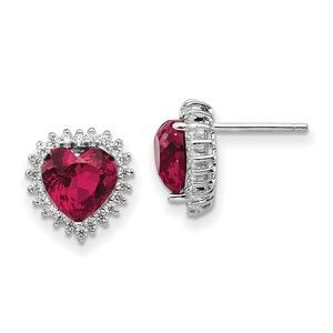 Sterling Silver 100 Facet Lab Created Ruby & White CZ Heart Halo Post Earrings